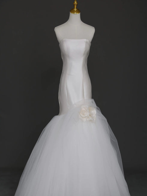 Tulle Mermaid Wedding Gown - Strapless Wedding Dress with Tulle Skirt - Satin Wedding Dress with Floral Detail Plus Size